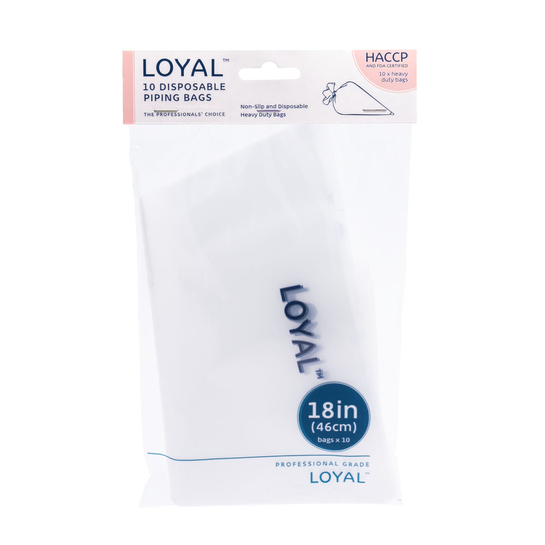 Pack of Loyal disposable piping bags with packaging on a white background