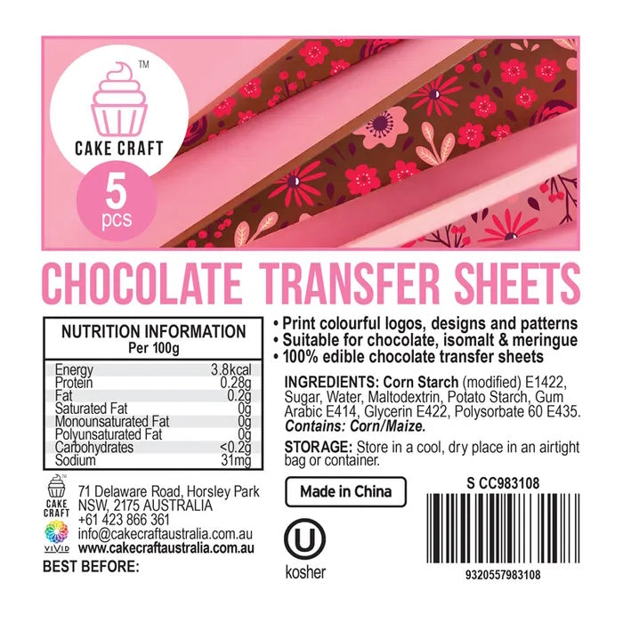 Cake Craft Chocolate Transfer Sheets 5pk