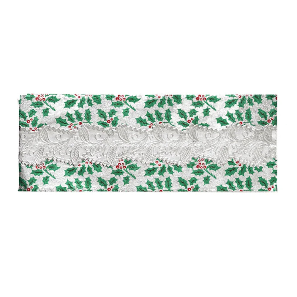 Christmas Cake Frill - Holly Print Silver with Silver Centre