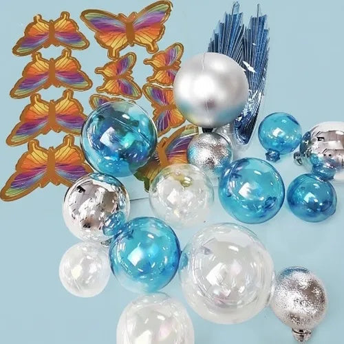 Deco Ball, Fan & Butterfly Topper Set - Clear, Blue & Silver