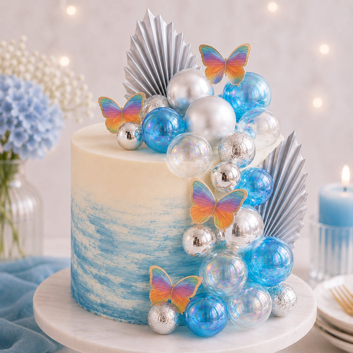 Deco Ball, Fan & Butterfly Topper Set - Clear, Blue & Silver