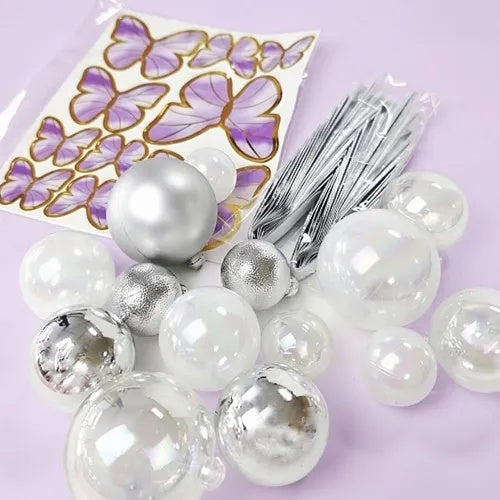 Deco Ball, Fan & Butterfly Topper Set - Clear, White & Silver
