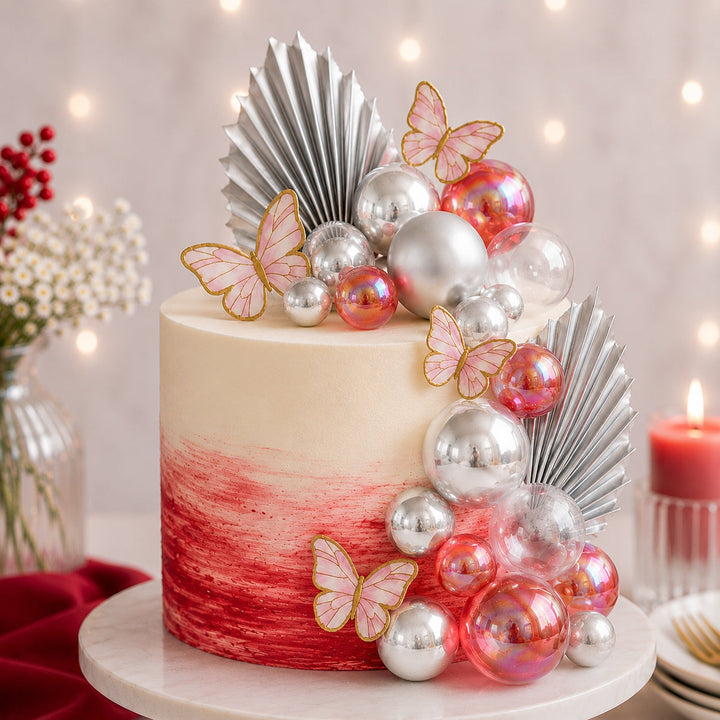 Deco Ball, Fan & Butterfly Topper Set - Clear, Red & Silver