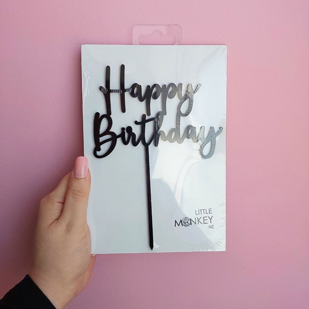Happy Birthday Cake Topper - Black Acrylic