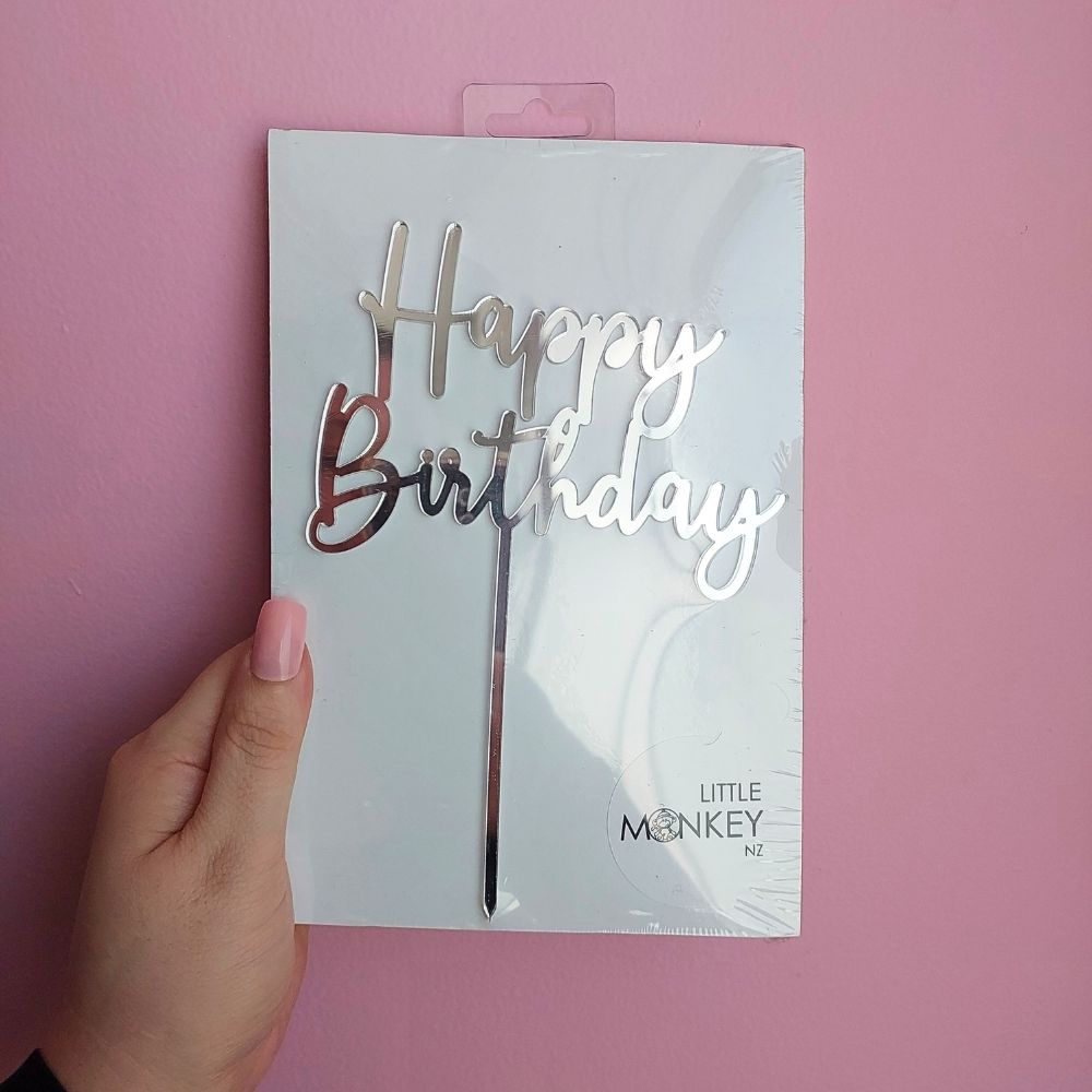 Happy Birthday Cake Topper - Silver