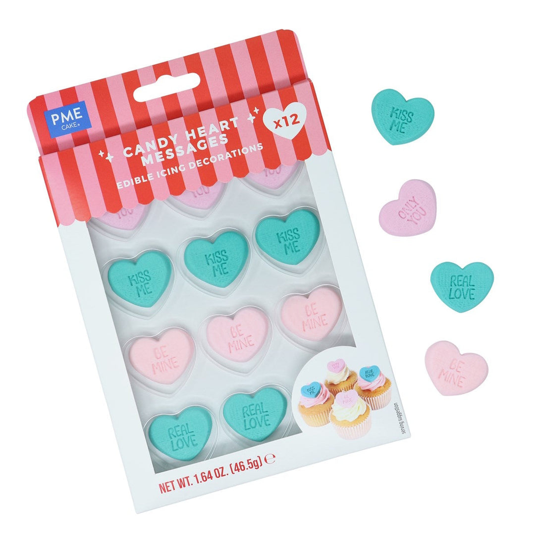 PME Edible Sugar Decorations - Candy Heart Messages 12pk