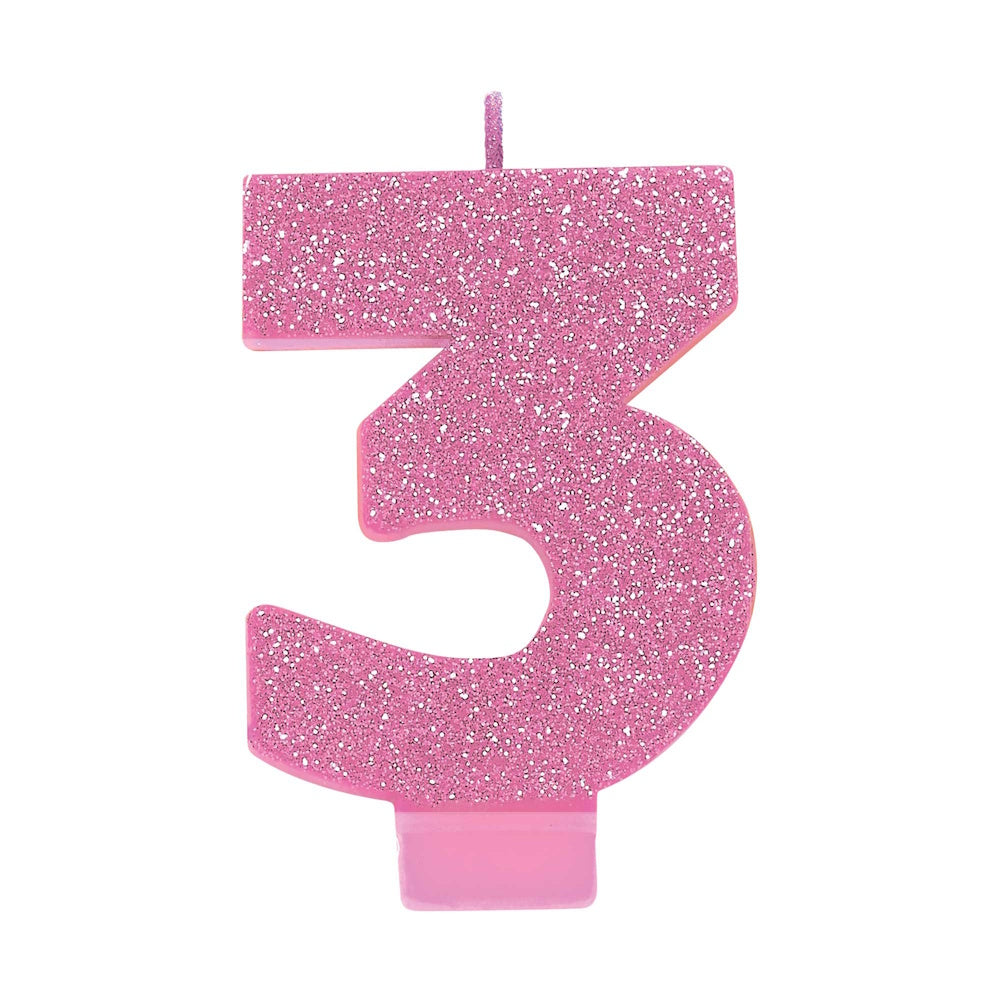 Pink Glitter Candle - Number 3
