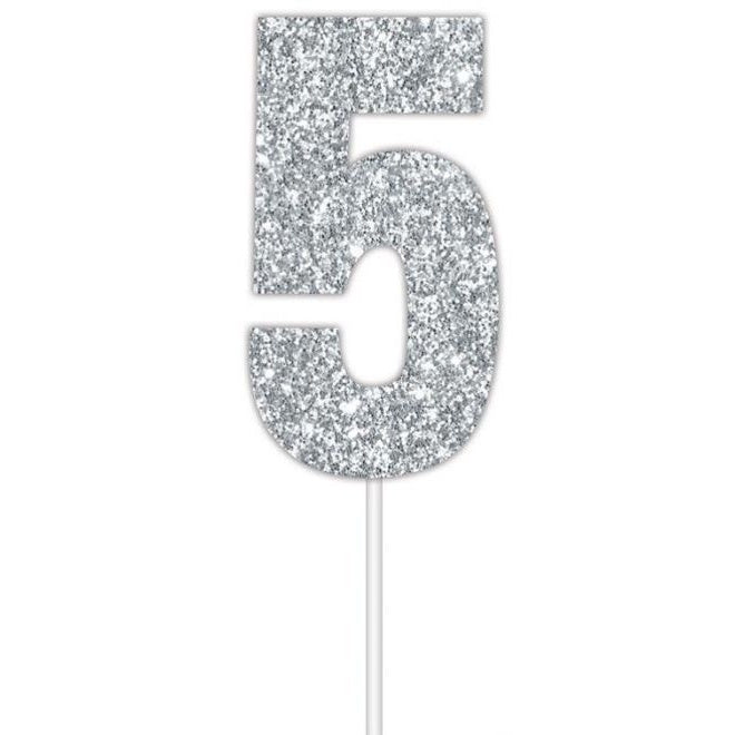 Silver Glitter Cake Topper - No 5