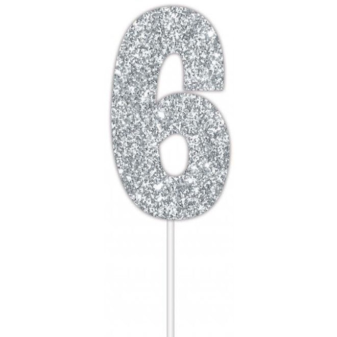 Silver Glitter Cake Topper - No 6
