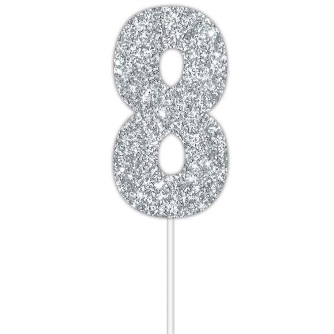 Silver Glitter Cake Topper - No 8