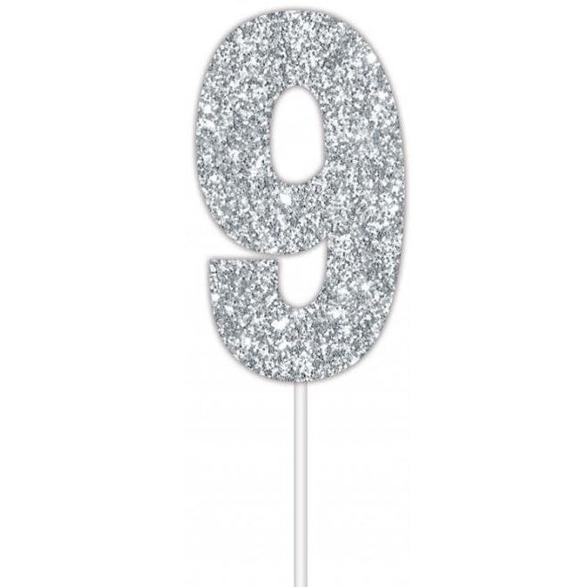 Silver Glitter Cake Topper - No 9