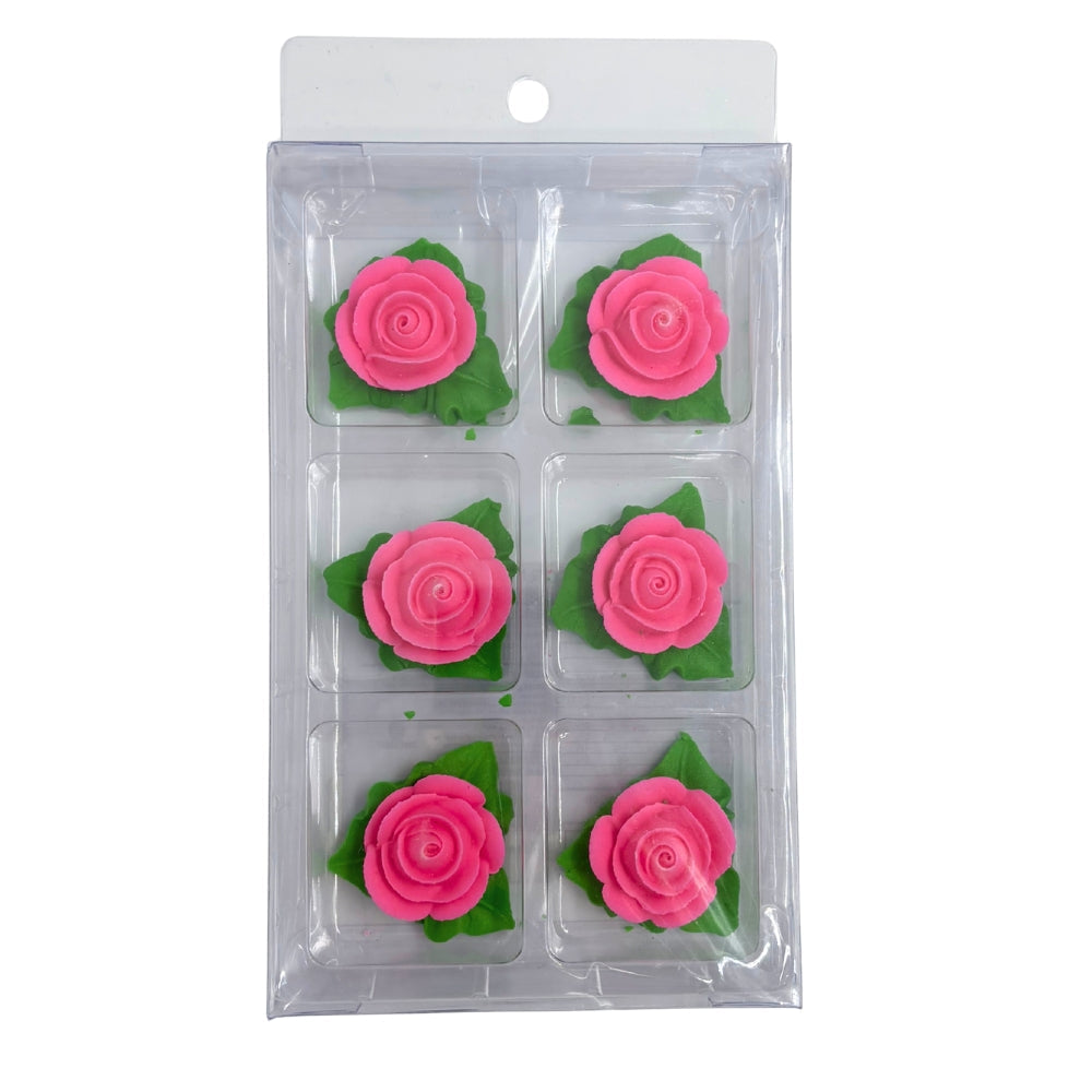 Pink Tiny Rose with Leaf Icing Decorations 6pk