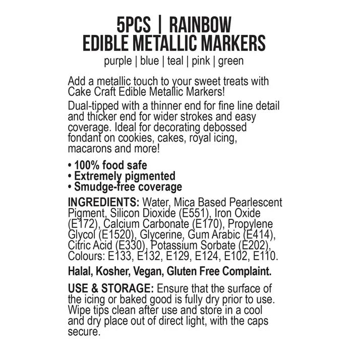 Vivid Edible Metallic Marker Pens 5pk - Rainbow