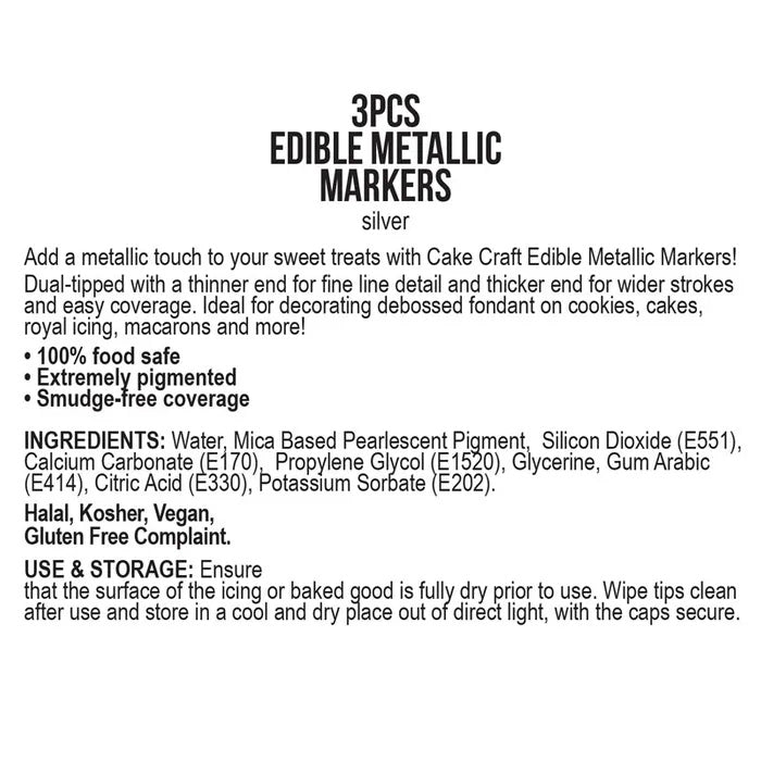 Vivid Edible Metallic Marker Pens 3pk - Silver